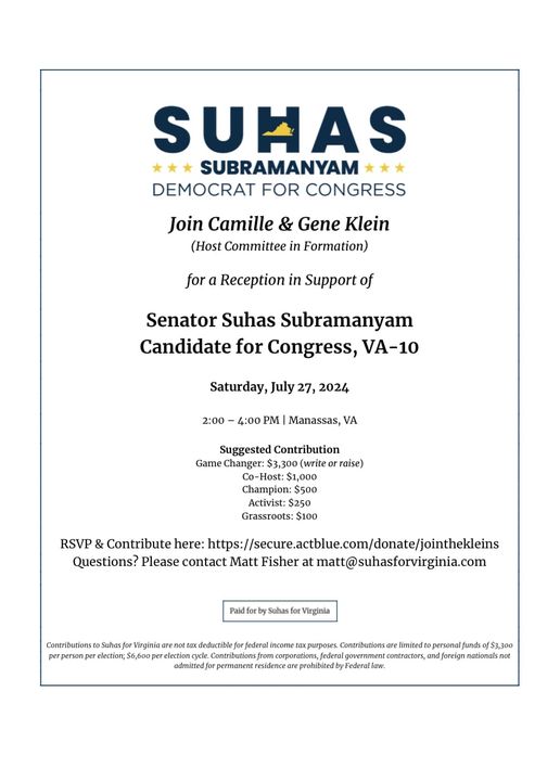 Reception in Support of Senator Suhas Subramanyam Candidate for Congress