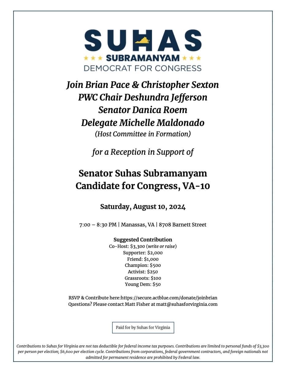 Reception in Support of Senator Suhas Subramanyam